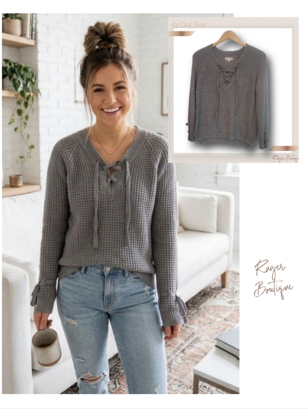 🌿It’s Our Time Gray Chunky Knit Sweater Medium Tie Front Lace Up V-Neck Boho